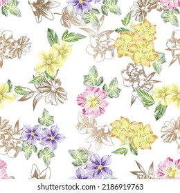 Abstract seamless pattern with plants, herbs and flowers, botanical illustration.