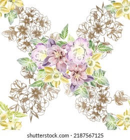 Abstraktes nahtloses Muster mit Pflanzen, Kräutern und Blumen, botanische Illustration.