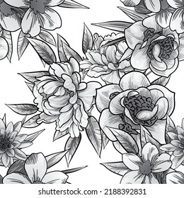 Abstract seamless pattern with plants, herbs and flowers, botanical illustration.