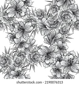Abstract seamless pattern with plants, herbs and flowers, botanical illustration.