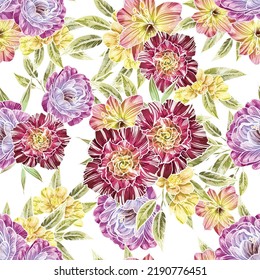 Abstract seamless pattern with plants, herbs and flowers, botanical illustration.