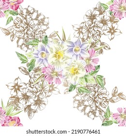 Abstract seamless pattern with plants, herbs and flowers, botanical illustration.