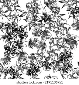 Abstract seamless pattern with plants, herbs and flowers, botanical illustration.
