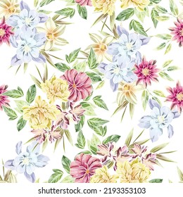 Abstract seamless pattern with plants, herbs and flowers, botanical illustration.
