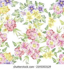 Abstract seamless pattern with plants, herbs and flowers, botanical illustration.