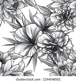 Abstract seamless pattern with plants, herbs and flowers, botanical illustration.