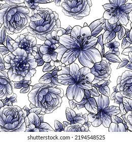 Abstract seamless pattern with plants, herbs and flowers, botanical illustration.