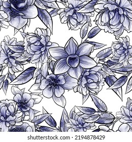 Abstract seamless pattern with plants, herbs and flowers, botanical illustration.