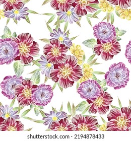 Abstract seamless pattern with plants, herbs and flowers, botanical illustration.