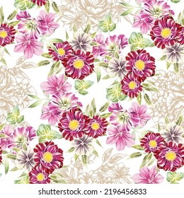 Abstract seamless pattern with plants, herbs and flowers, botanical illustration.