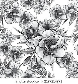 Resumen de patrón sin fisuras con plantas, hierbas y flores, ilustración botánica.