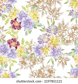 Abstract seamless pattern with plants, herbs and flowers, botanical illustration.
