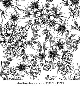 Abstract seamless pattern with plants, herbs and flowers, botanical illustration.