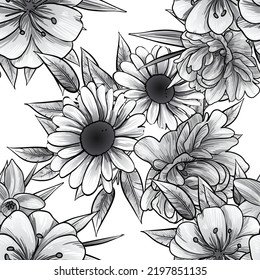 Abstract seamless pattern with plants, herbs and flowers, botanical illustration.