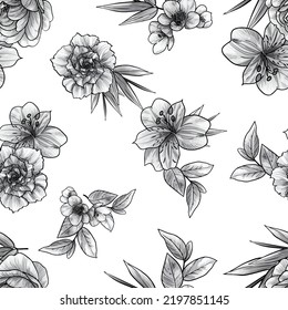 Resumen de patrón sin fisuras con plantas, hierbas y flores, ilustración botánica.