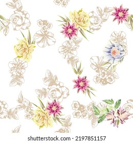 Abstract seamless pattern with plants, herbs and flowers, botanical illustration.