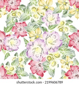 Abstract seamless pattern with plants, herbs and flowers, botanical illustration.