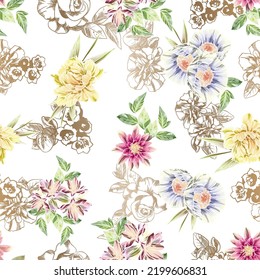 Abstraktes nahtloses Muster mit Pflanzen, Kräutern und Blumen, botanische Illustration.