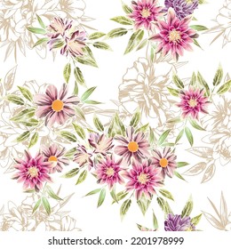 Abstract seamless pattern with plants, herbs and flowers, botanical illustration.