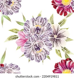 Abstract seamless pattern with plants, herbs and flowers, botanical illustration.