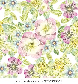 Abstract seamless pattern with plants, herbs and flowers, botanical illustration.