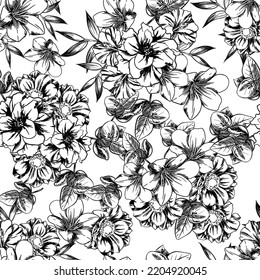 Abstract seamless pattern with plants, herbs and flowers, botanical illustration.