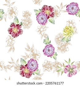 Abstract seamless pattern with plants, herbs and flowers, botanical illustration.