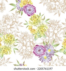 Abstract seamless pattern with plants, herbs and flowers, botanical illustration.
