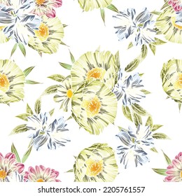 Abstract seamless pattern with plants, herbs and flowers, botanical illustration.