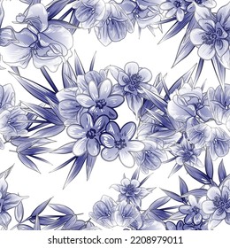 Abstraktes nahtloses Muster mit Pflanzen, Kräutern und Blumen, botanische Illustration.