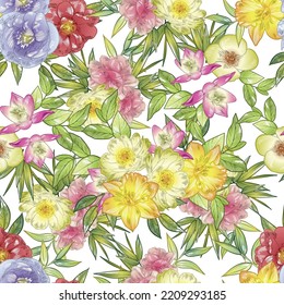Abstract seamless pattern with plants, herbs and flowers, botanical illustration.