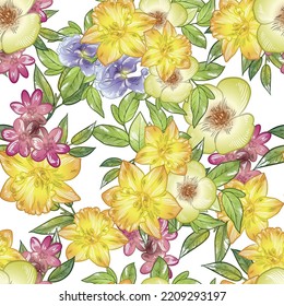 Abstract seamless pattern with plants, herbs and flowers, botanical illustration.