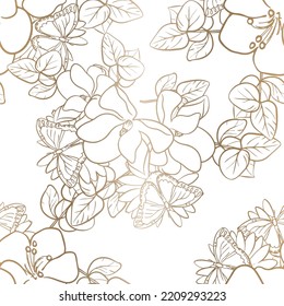 Abstract seamless pattern with plants, herbs and flowers, botanical illustration.