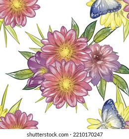 Abstract seamless pattern with plants, herbs and flowers, botanical illustration.