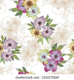 Abstract seamless pattern with plants, herbs and flowers, botanical illustration.