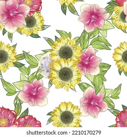 Abstract seamless pattern with plants, herbs and flowers, botanical illustration.