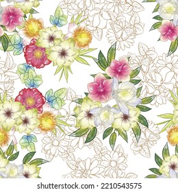 Abstract seamless pattern with plants, herbs and flowers, botanical illustration.