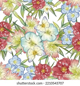 Abstract seamless pattern with plants, herbs and flowers, botanical illustration.