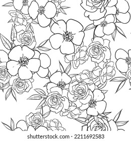 Abstract seamless pattern with plants, herbs and flowers, botanical illustration.