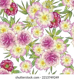 Abstraktes nahtloses Muster mit Pflanzen, Kräutern und Blumen, botanische Illustration.