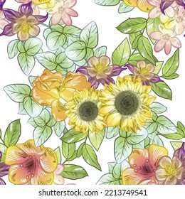 Abstract seamless pattern with plants, herbs and flowers, botanical illustration.