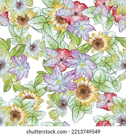 Abstract seamless pattern with plants, herbs and flowers, botanical illustration.