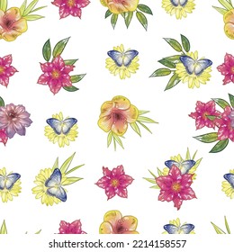 Abstract seamless pattern with plants, herbs and flowers, botanical illustration.