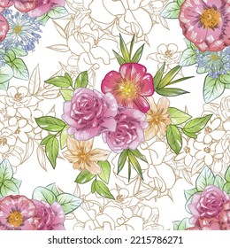 Abstract seamless pattern with plants, herbs and flowers, botanical illustration.