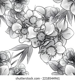 Abstract seamless pattern with plants, herbs and flowers, botanical illustration.