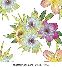 Abstract seamless pattern with plants, herbs and flowers, botanical illustration.