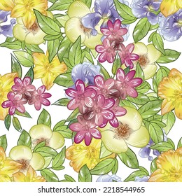 Abstract seamless pattern with plants, herbs and flowers, botanical illustration.