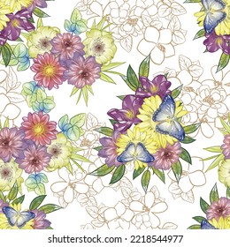 Abstract seamless pattern with plants, herbs and flowers, botanical illustration.