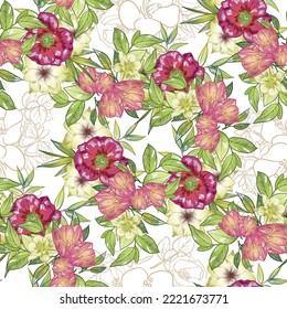 Abstract seamless pattern with plants, herbs and flowers, botanical illustration.