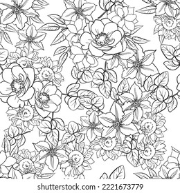 Abstract seamless pattern with plants, herbs and flowers, botanical illustration.